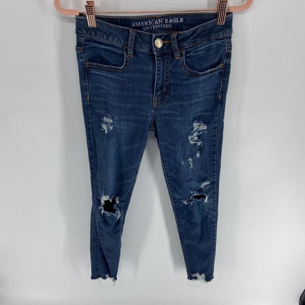 American Eagle Dark Wash Distressed Hi-Rise Jegging Skinny Jean Pant Womens 2